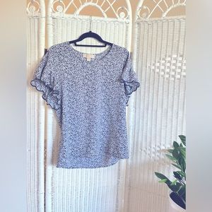 Michael by Michael Kors Blue and White Scallop Cuff Floral Top Small